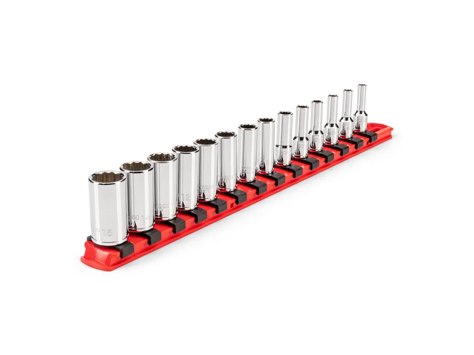 tekton-shd90118-1-4-inch-drive-semi-deep-12-point-socket-set-with-rail-14-piece- image 1