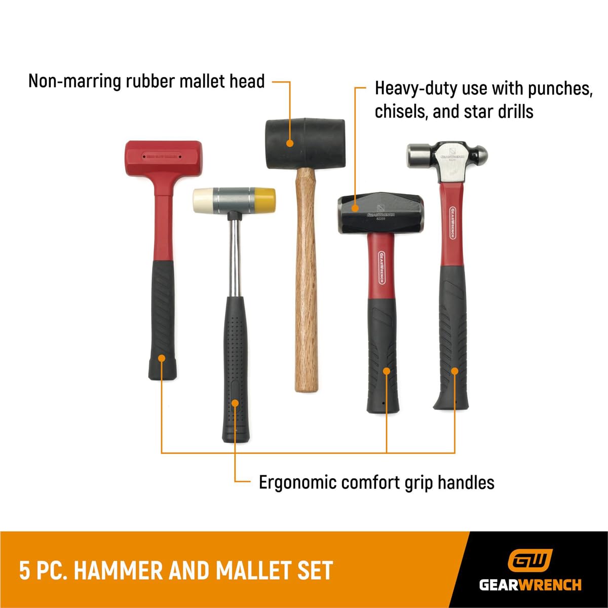gearwrench-82303d-5-piece-hammer-and-mallet-set-with-ball-pein-drilling-soft-fac image 2