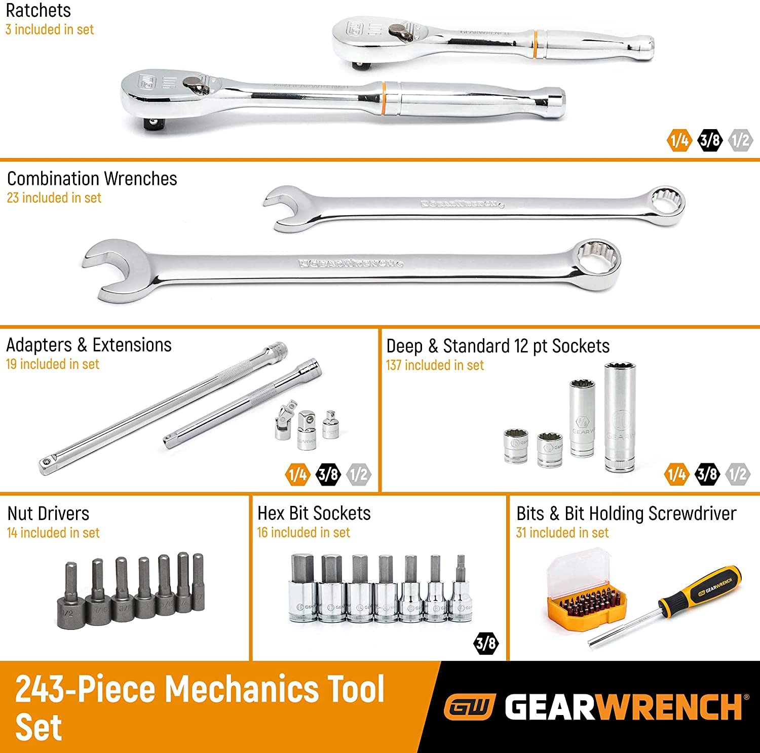 gearwrench-80972-243-pc-12-pt-mechanics-tool-set-with-90-tooth-ratchets-in-3-dra image 2