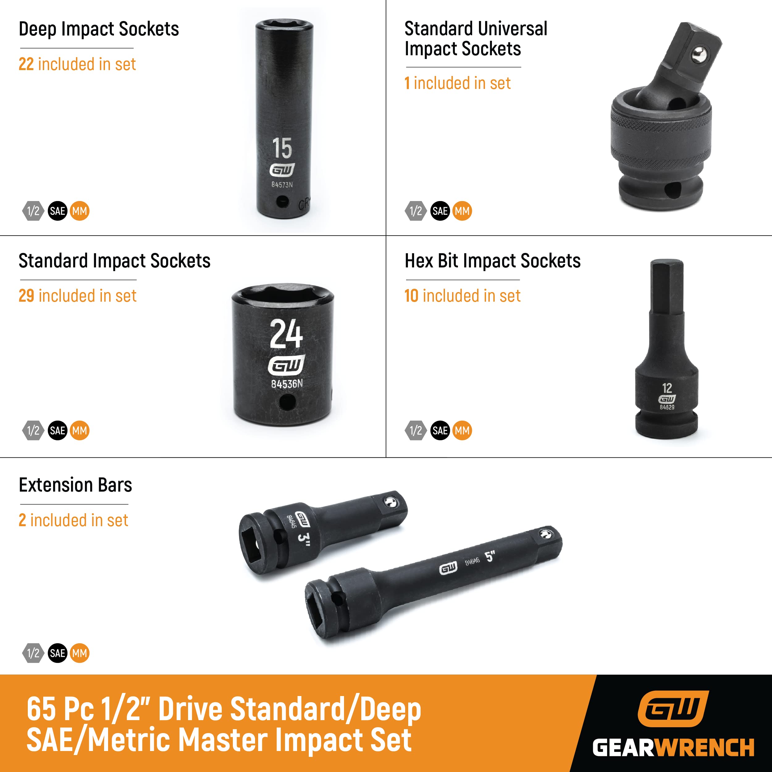 gearwrench-89095-65-piece-1-2-drive-standard-deep-sae-mm-impact-socket-set image 3