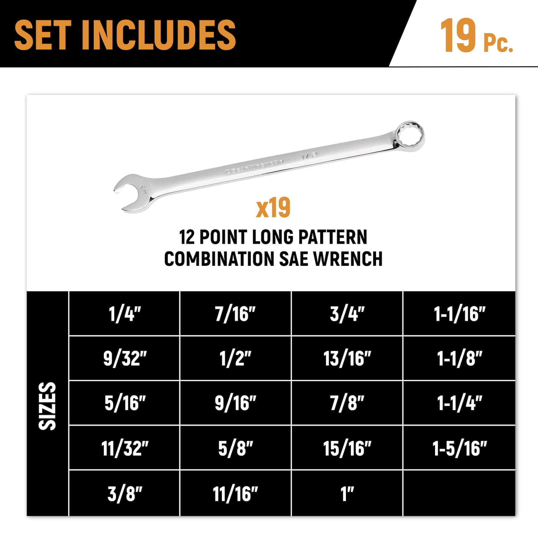 gearwrench-gwmscwl12sae-19-pc-12-pt-long-pattern-sae-combination-wrench-set-in-f image 6