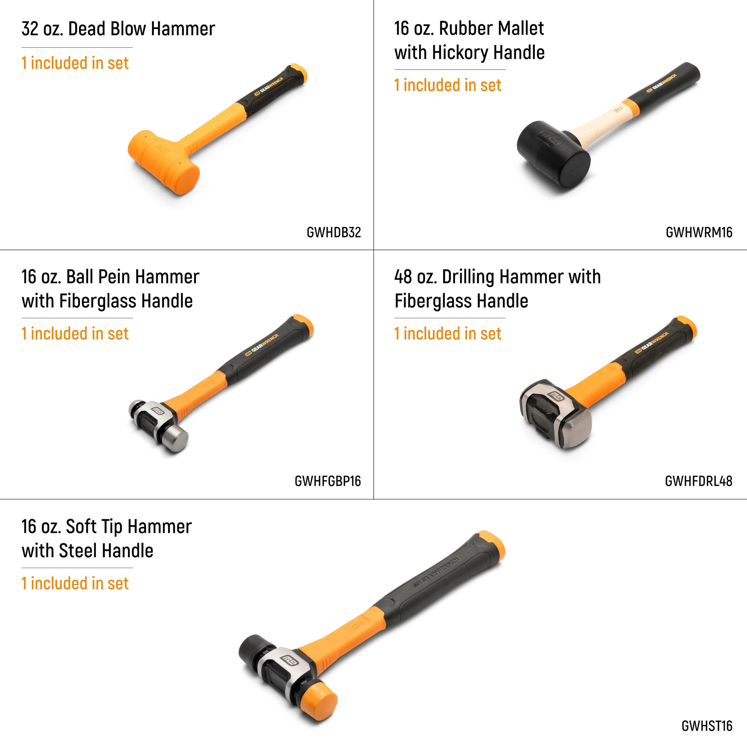 gearwrench-gwh5pcms-5-piece-mixed-hammer-set-with-rubber-mallet-soft-tip-dead-bl image 2