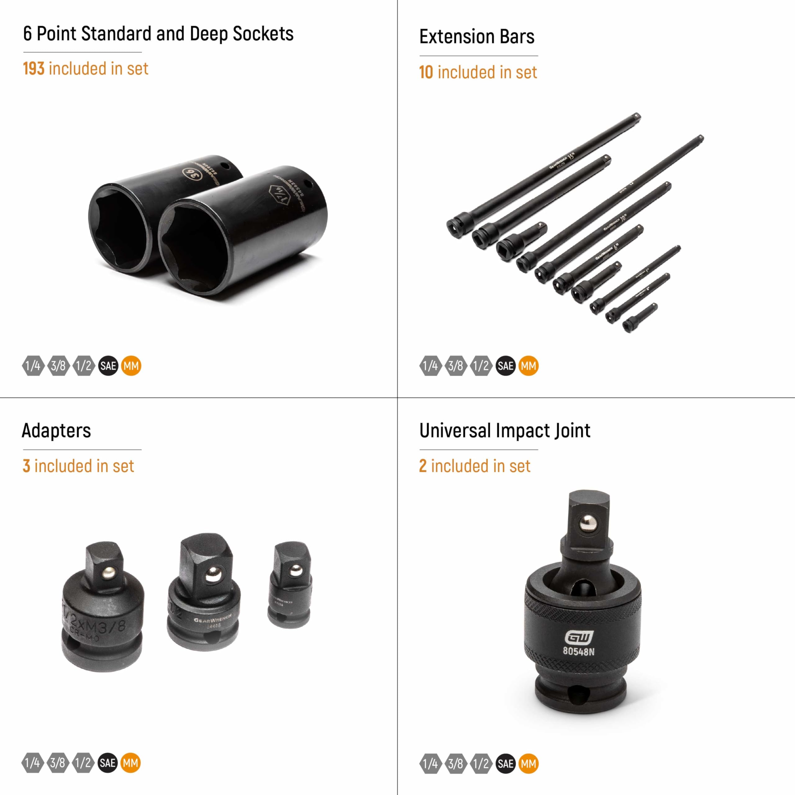gearwrench-89072-209-piece-sae-metric-1-4-3-8-1-2-drive-master-impact-socket-set image 3