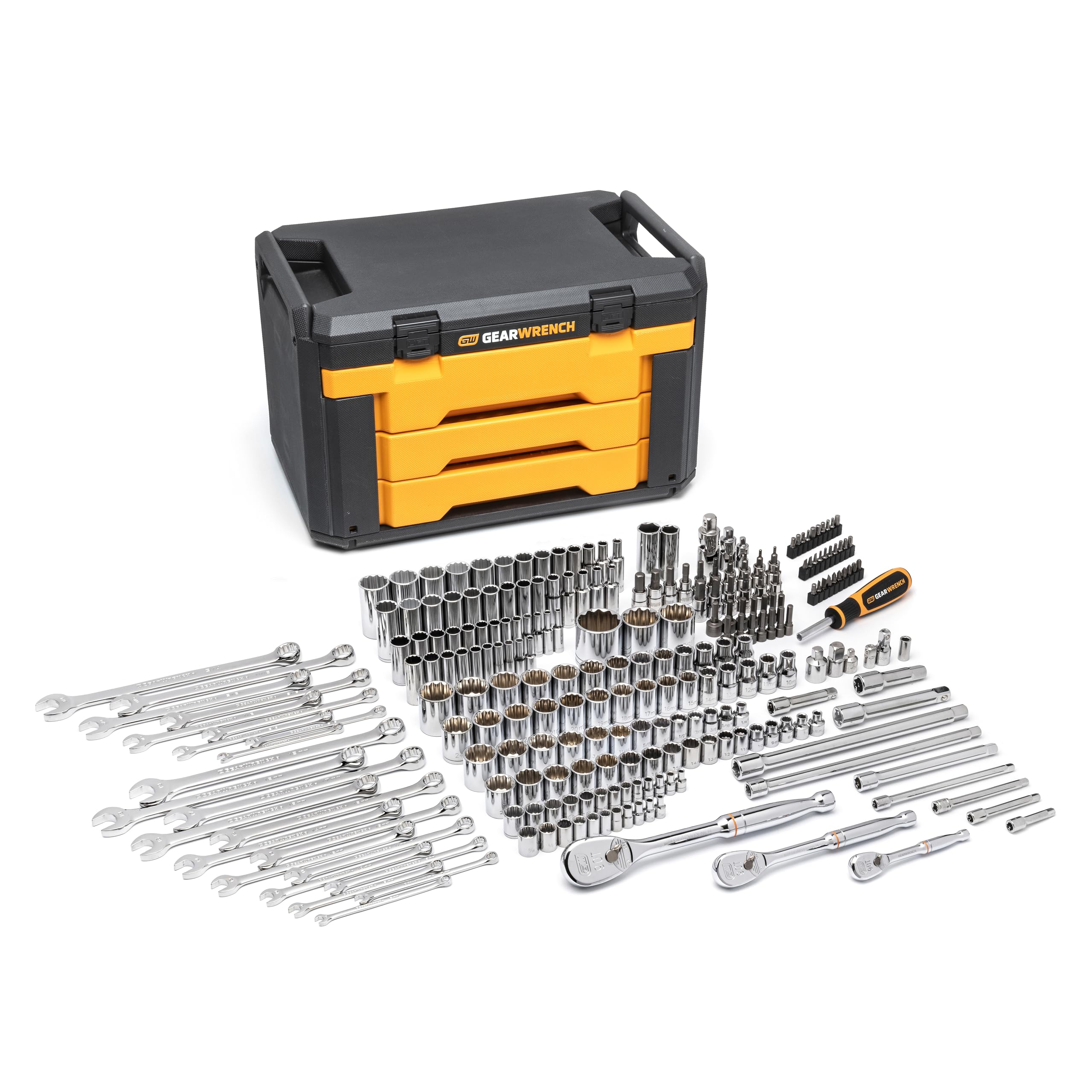 gearwrench-80972-243-pc-12-pt-mechanics-tool-set-with-90-tooth-ratchets-in-3-dra image 1