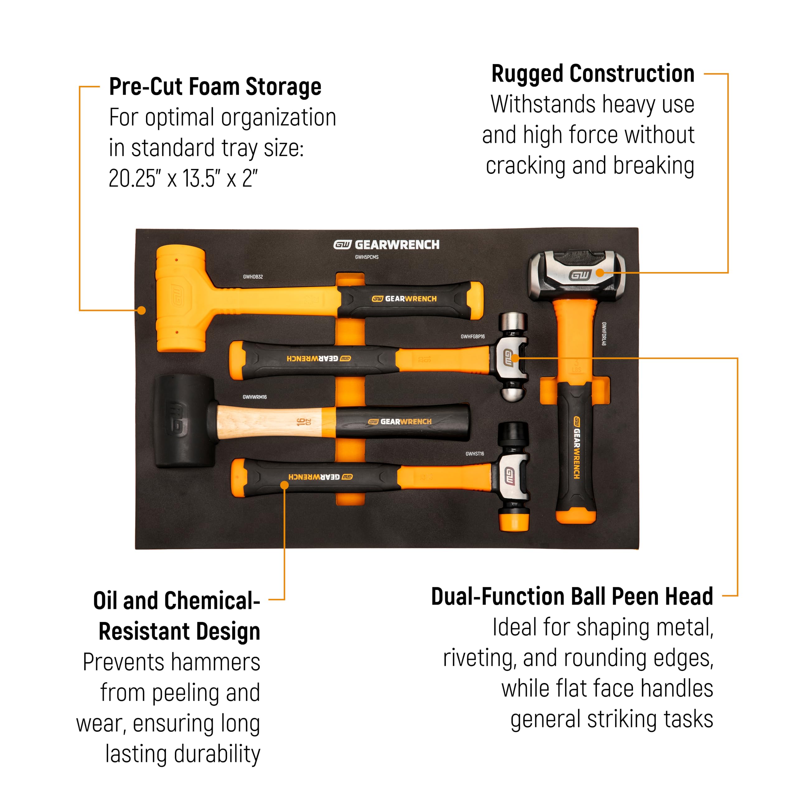 gearwrench-gwh5pcms-5-piece-mixed-hammer-set-with-rubber-mallet-soft-tip-dead-bl image 3