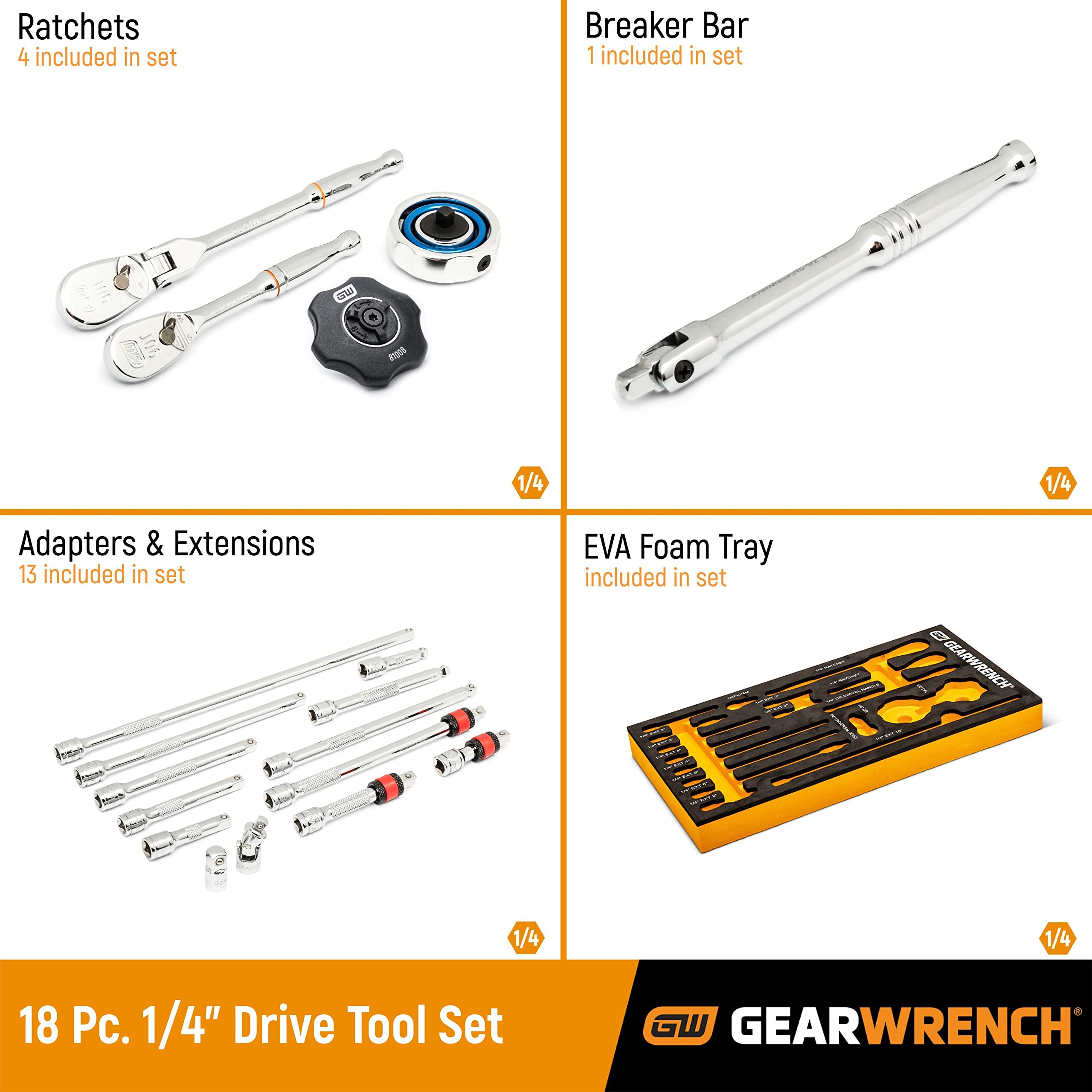 gearwrench-86520-18-piece-1-4-inch-drive-90t-ratchet-and-drive-tool-set-with-eva image 2